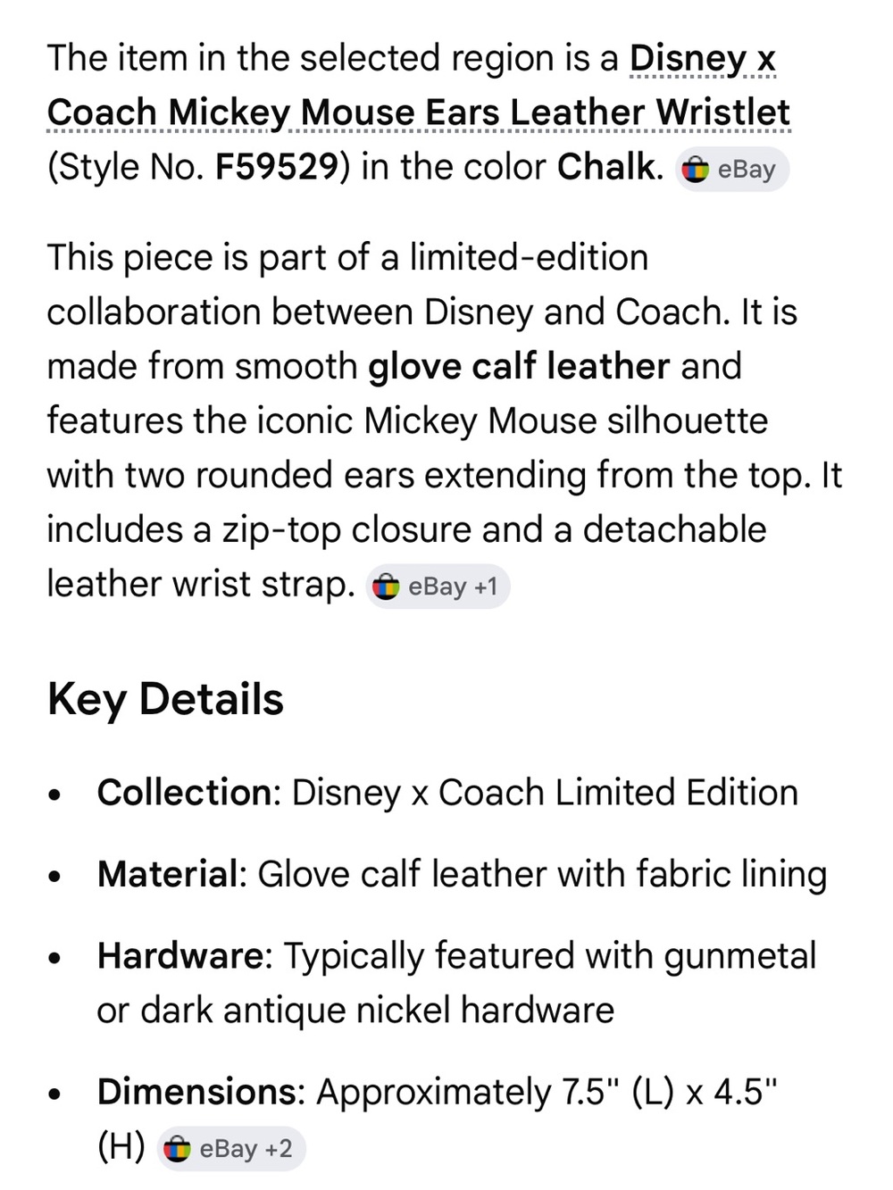 Coach Disney chalk colored  Leather Mickey Ear Wristlet - Picture 9 of 11
